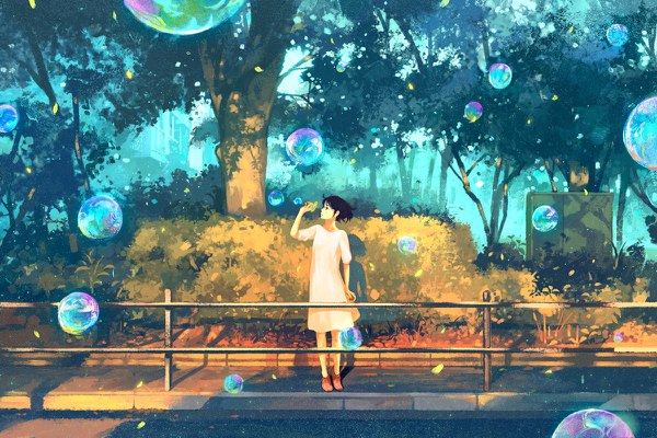 Anime picture 1200x800 with original gemi single short hair black hair standing looking away outdoors profile wind black eyes sunlight girl dress plant (plants) tree (trees) white dress bubble (bubbles) railing road