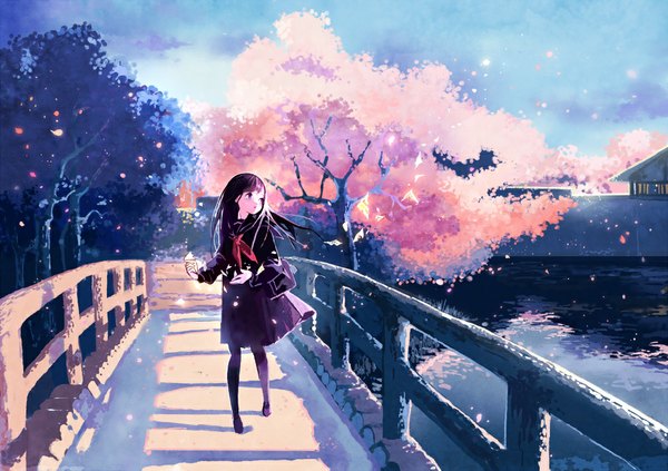 Anime picture 1000x706 with original tobi (kotetsu) single long hair black hair looking away black eyes tears cherry blossoms torn girl uniform plant (plants) school uniform petals pantyhose tree (trees) water paper bridge