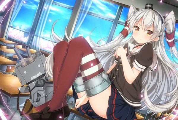 Anime picture 1328x901 with kantai collection amatsukaze destroyer rensouhou-kun jianren single long hair looking at viewer blush brown hair sitting silver hair two side up classroom >:( girl skirt hair ornament hat miniskirt shoes