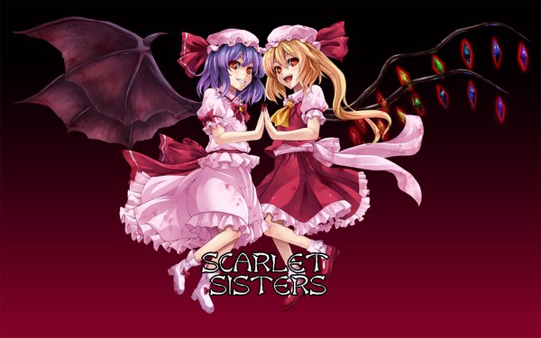 Anime picture 1920x1200 with touhou flandre scarlet remilia scarlet asu hare highres blonde hair red eyes wide image multiple girls purple hair girl skirt 2 girls wings skirt set