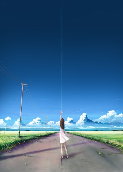 Anime picture 3165x4441 with original kia single long hair tall image highres black hair absurdres sky cloud (clouds) horizon landscape girl dress plant (plants) grass sundress power lines road