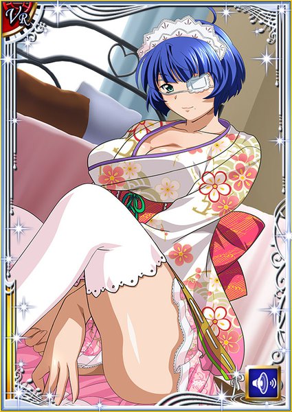 Anime picture 567x800 with ikkitousen ryomou shimei single tall image looking at viewer fringe short hair breasts light erotic smile large breasts green eyes blue hair cleavage ahoge traditional clothes japanese clothes mole floral print card (medium)