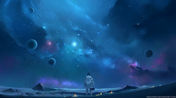 Anime picture 1100x619 with original megatruh single short hair black hair wide image standing holding signed from behind night night sky watermark light mountain boy plant (plants) star (stars) helmet planet