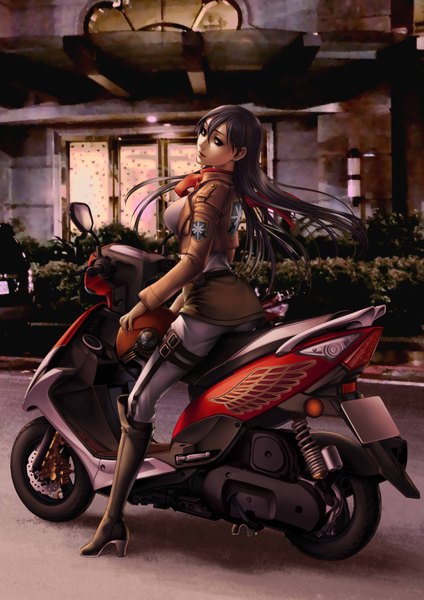 Anime picture 2480x3508 with shingeki no kyojin production i.g kiazee (artist) single long hair tall image highres black hair brown eyes looking back open clothes open jacket girl jacket boots belt scarf thigh strap helmet scooter