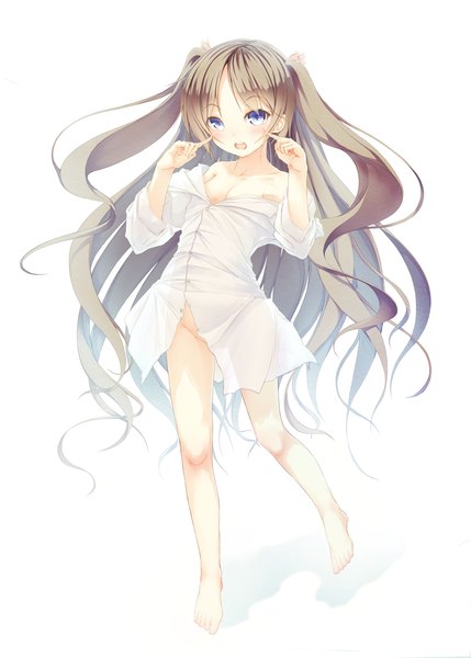 Anime picture 1110x1553 with original re:n ne single long hair tall image blush open mouth blue eyes light erotic simple background brown hair white background barefoot see-through silhouette girl shirt