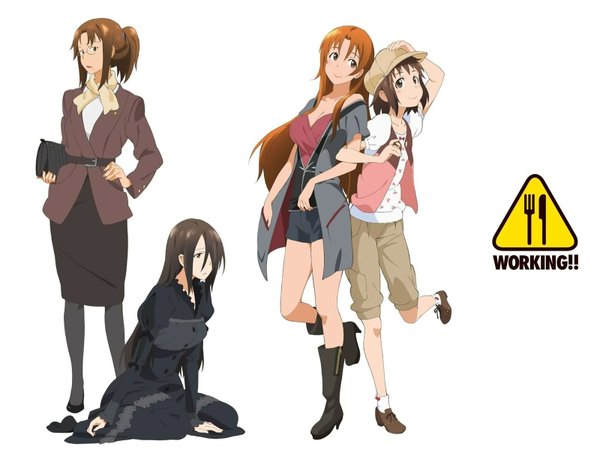 Anime picture 1600x1200 with working!! a-1 pictures takanashi nazuna takanashi kozue takanashi izumi takanashi kazue black hair brown hair white background multiple girls full body orange hair girl dress hat shorts boots black dress 4 girls suit