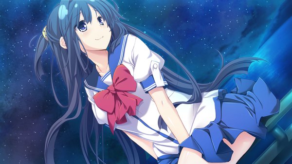 Anime picture 1024x576 with sensui-bu! tagme (character) single long hair blush blue eyes black hair smile wide image sitting looking away game cg wind night girl skirt serafuku bowtie sea