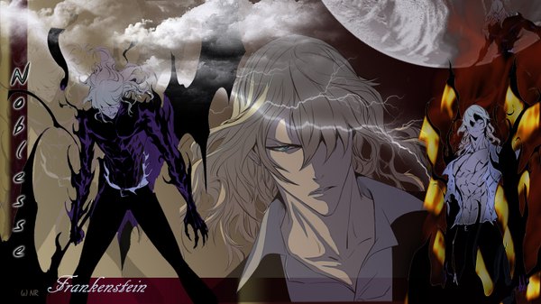 Anime picture 1600x900 with noblesse frankenstein long hair fringe blue eyes blonde hair wide image cloud (clouds) hair over one eye inscription shadow torn clothes scar open collar zoom layer lightning multiple persona boy planet