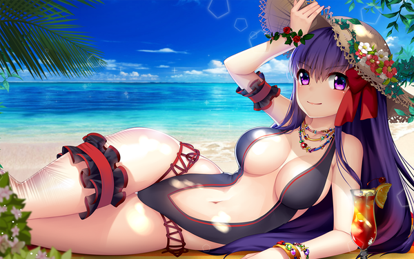 Anime picture 1600x1000 with fate (series) fate/extra fate/extra ccc bb (fate) (all) bb (fate/extra) kashi kosugi single long hair looking at viewer blush fringe breasts light erotic smile hair between eyes large breasts purple eyes sky purple hair cloud (clouds)