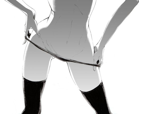 Anime picture 1000x767 with original sousou (sousouworks) single light erotic simple background standing white background midriff monochrome undressing panty pull head out of frame girl thighhighs navel underwear panties black thighhighs hands