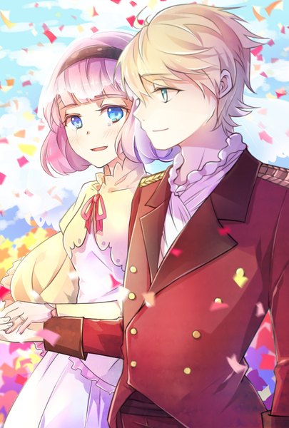 Anime picture 1181x1748 with aldnoah.zero a-1 pictures slaine troyard lemrina vers envers nauxii tall image fringe short hair open mouth blue eyes blonde hair smile looking away pink hair sky cloud (clouds) ahoge outdoors tears holding hands