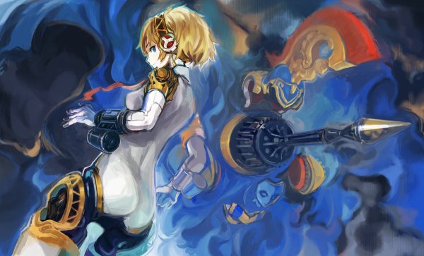 Anime picture 1200x726 with persona 3 persona aegis athena (megami tensei) conjaku single looking at viewer short hair blue eyes blonde hair wide image ass profile looking back girl headphones armor android