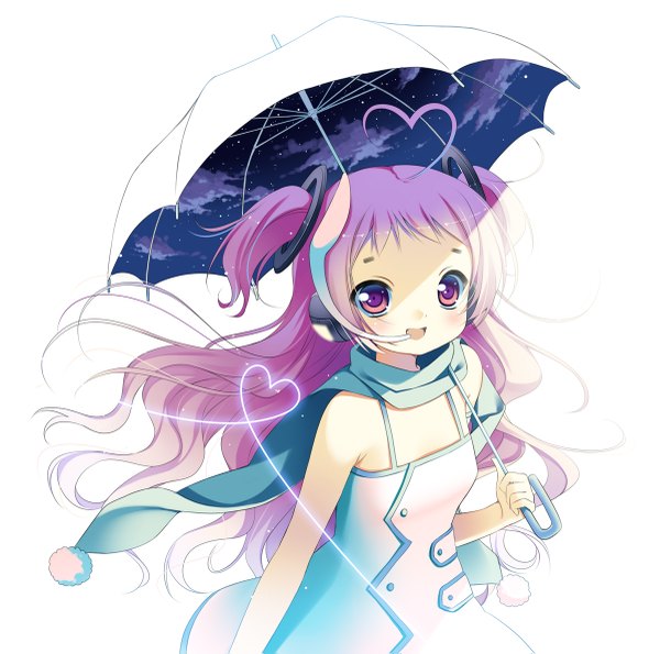 Anime picture 1200x1191 with original pikomint single long hair open mouth simple background red eyes white background pink hair sky cloud (clouds) ahoge from above two side up sky print girl scarf umbrella