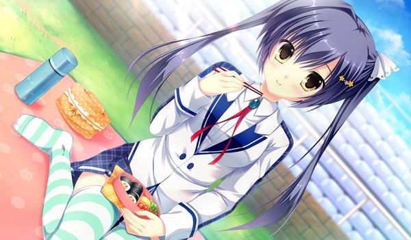 Anime picture 1024x600 with da capo iii rukawa sara takano yuki (allegro mistic) long hair blush wide image twintails yellow eyes blue hair game cg eating girl thighhighs uniform school uniform food striped thighhighs obento sushi makizushi