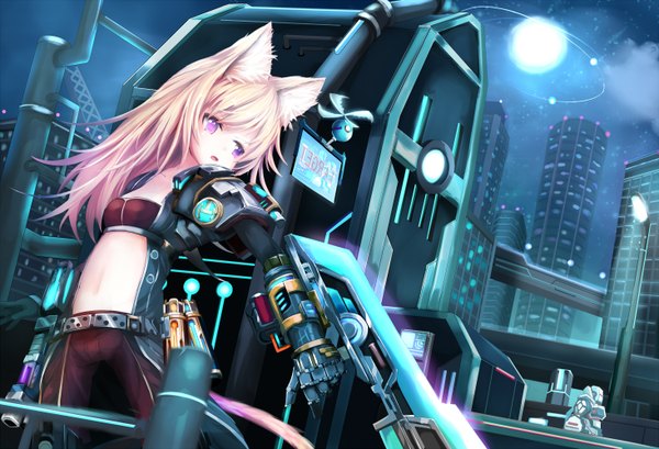 Anime picture 1466x1000 with original umagenzin single long hair fringe open mouth blonde hair standing purple eyes animal ears looking away cloud (clouds) tail head tilt animal tail cat ears night bare belly :o cat girl