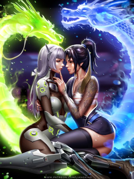 Anime picture 6000x8000 with overwatch blizzard entertainment hanzo (overwatch) genji (overwatch) liang xing long hair tall image fringe highres breasts light erotic black hair sitting multiple girls signed payot looking away absurdres bent knee (knees) ass