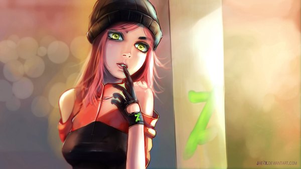 Anime picture 1920x1080 with original deviantart (character) jaezx single long hair highres open mouth wide image bare shoulders signed yellow eyes looking away pink hair finger to mouth girl gloves fingerless gloves cap
