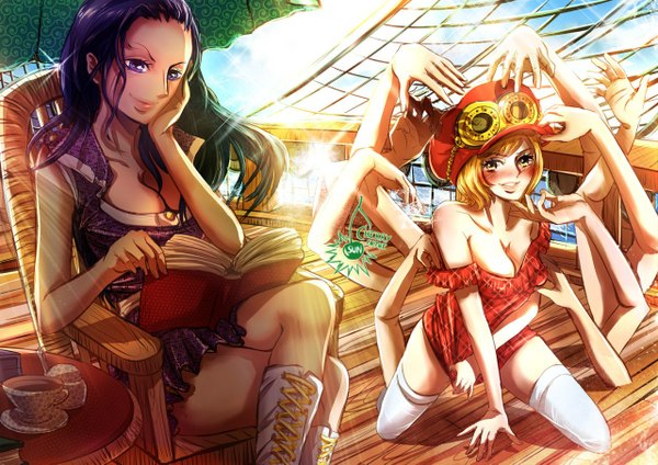Anime picture 1280x905 with one piece toei animation nico robin koala (one piece) cherryinthesun long hair blush fringe short hair breasts blue eyes light erotic smile large breasts purple eyes multiple girls brown eyes sky cleavage purple hair