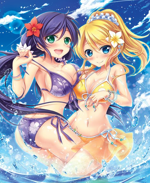 Anime picture 820x1000 with love live! school idol project sunrise (studio) love live! toujou nozomi ayase eli shirakawako long hair tall image blush breasts open mouth blue eyes light erotic blonde hair smile multiple girls green eyes sky purple hair cloud (clouds)
