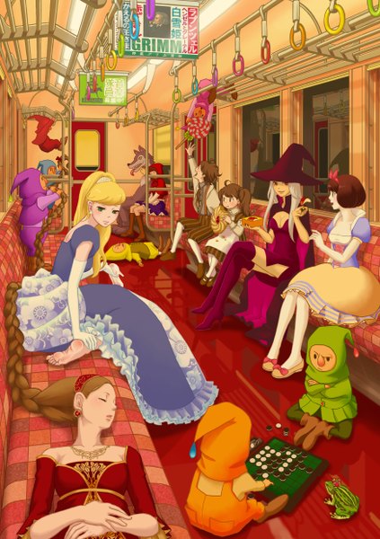 Anime picture 1748x2480 with little red riding hood snow white and the seven dwarfs the story of cinderella sleeping beauty hansel and gretel disney tagme (character) little red riding hood (character) snow white big bad wolf cinderella aurora (sleeping beauty) gretel (hansel and gretel) hansel (hansel and gretel) yuhei tall image highres short hair blue eyes blonde hair