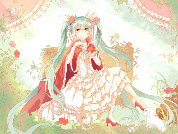 Anime picture 1000x756 with vocaloid hatsune miku lan jue single long hair looking at viewer blush smile sitting twintails hair flower girl dress hair ornament flower (flowers) plant (plants) animal shoes white dress cape