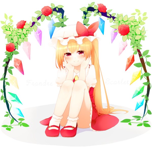 Anime picture 1269x1269 with touhou flandre scarlet vivid heart m single long hair blush blonde hair smile red eyes girl dress plant (plants) wings socks white socks bonnet crystal