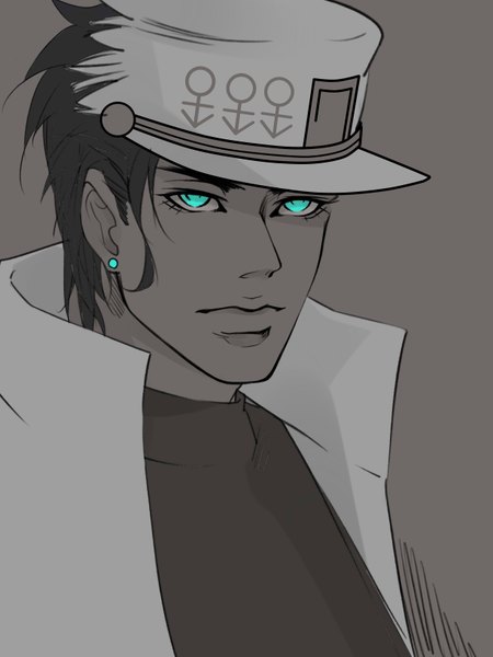Anime picture 2448x3264 with jojo no kimyou na bouken kujo jotaro later (chiyating) single tall image looking at viewer highres short hair simple background grey background piercing monochrome ear piercing spot color boy hat