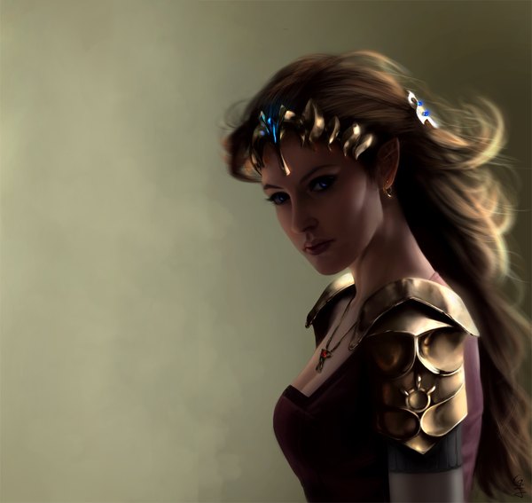 Anime picture 1200x1134 with the legend of zelda princess zelda gothic-icecream single long hair looking at viewer blue eyes simple background brown hair lips pointy ears realistic girl earrings pendant jewelry tiara armored dress