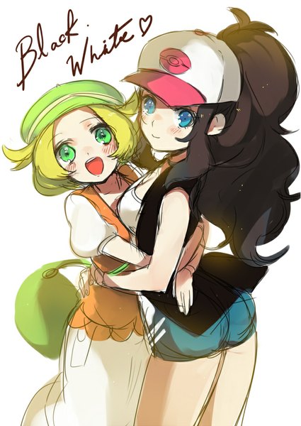 Anime picture 657x927 with pokemon pokemon black and white nintendo hilda (pokemon) bianca (pokemon) kippu long hair tall image looking at viewer blush short hair open mouth blue eyes simple background blonde hair smile brown hair white background multiple girls green eyes