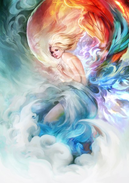 Anime picture 778x1100 with original muju single long hair tall image looking at viewer blue eyes light erotic blonde hair bare shoulders bent knee (knees) parted lips lips realistic crossed legs turning head magic topless smoke bare back