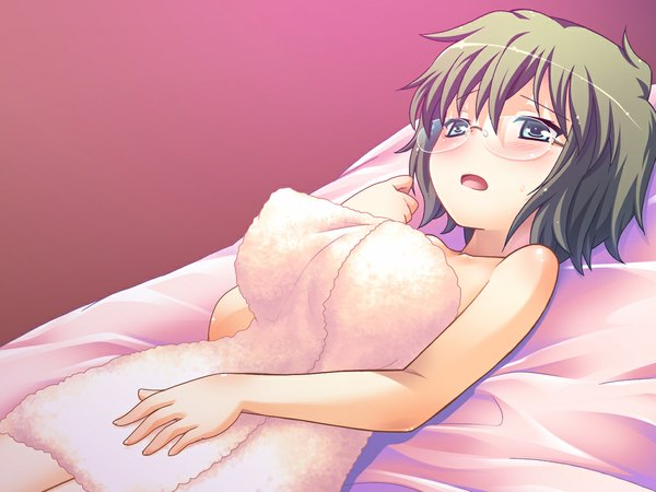 Anime picture 1024x768 with famima! (game) blush short hair breasts open mouth light erotic large breasts game cg green hair naked towel girl glasses towel
