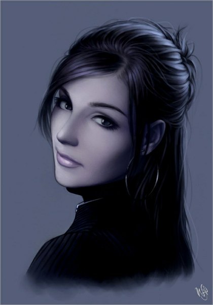 Anime picture 600x857 with original warrenlouw single long hair tall image looking at viewer black hair simple background lips black eyes realistic portrait close-up face girl earrings