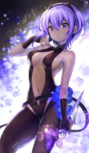 Anime picture 535x916 with fate (series) fate/prototype hassan of serenity (fate) hayama eishi single tall image looking at viewer fringe short hair breasts light erotic hair between eyes purple eyes cleavage purple hair bent knee (knees) sideboob dark skin adjusting hair girl