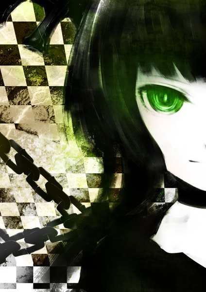 Anime picture 2894x4093 with black rock shooter dead master yuranpo single tall image looking at viewer highres short hair black hair smile green eyes portrait checkered background girl chain