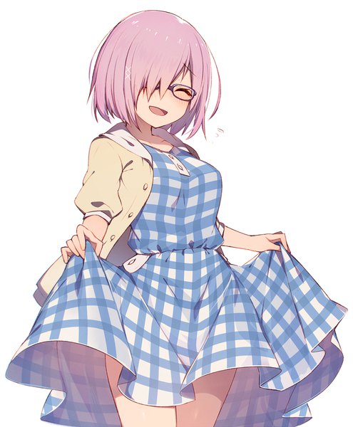 Anime picture 825x1000 with fate (series) fate/grand order mash kyrielight muryotaro single tall image blush fringe short hair breasts open mouth simple background smile large breasts standing white background pink hair eyes closed :d hair over one eye