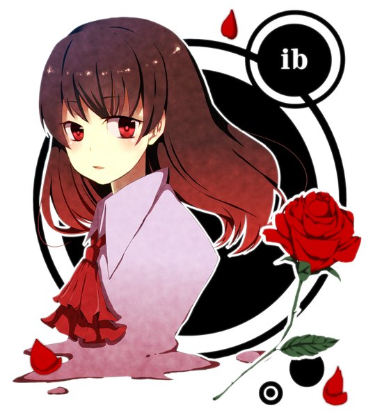 Anime picture 1993x2273 with ib (game) ib (ib) single long hair tall image blush highres open mouth simple background red eyes brown hair inscription girl flower (flowers) petals rose (roses)