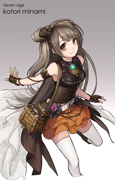 Anime picture 689x1103 with love live! school idol project sunrise (studio) love live! minami kotori curry bowl single long hair tall image looking at viewer blush fringe smile brown hair standing bare shoulders yellow eyes from above hair bun (hair buns) alternate costume zettai ryouiki