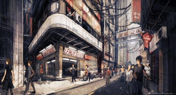 Anime picture 1400x760 with saimon ma short hair black hair brown hair wide image green hair inscription city hieroglyph street building (buildings) ground vehicle wire (wires) bridge road people bicycle sign crowd