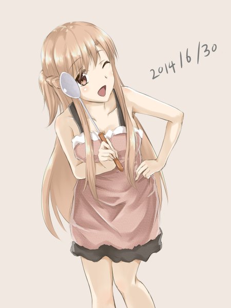 Anime picture 2400x3200 with sword art online a-1 pictures yuuki asuna centon (736023681) single long hair tall image looking at viewer blush highres open mouth simple background brown hair brown eyes one eye closed wink hand on hip girl apron