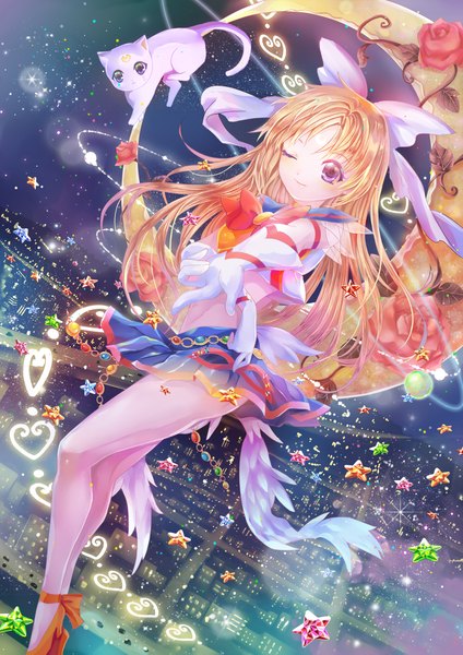 Anime picture 1500x2121 with bishoujo senshi sailor moon toei animation aino minako sailor venus artemis (sailor moon) nicolerabbit long hair tall image blonde hair eyes closed pleated skirt one eye closed pink eyes wink night night sky outstretched arm city magic facial mark
