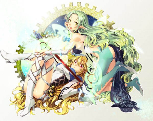 Anime picture 1000x792 with tales of (series) tales of xillia milla maxwell muse (tales of xillia) maruishi long hair looking at viewer blush open mouth light erotic simple background blonde hair red eyes white background multiple girls green eyes green hair pointy ears girl dress