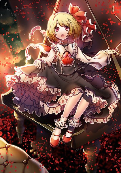 Anime picture 700x1000 with touhou rumia suou sakura single tall image short hair open mouth blonde hair red eyes sitting girl dress bow hair bow petals socks white socks musical instrument piano