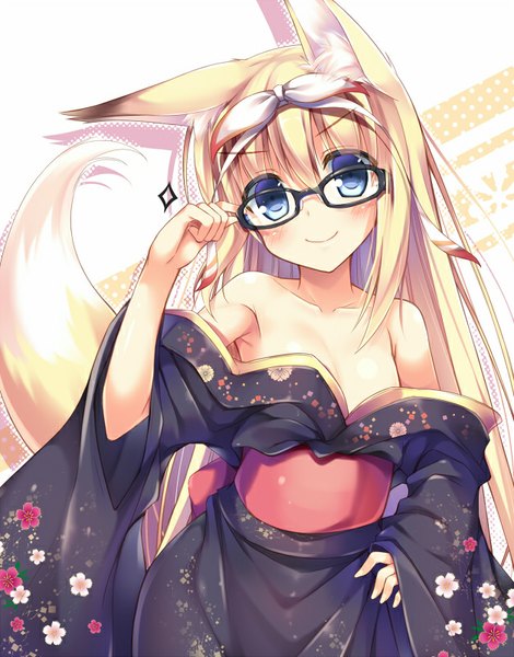 Anime picture 627x800 with original suzuha (nozomi tsubame) nozomi tsubame single long hair tall image blush fringe blue eyes light erotic blonde hair smile standing bare shoulders animal ears tail traditional clothes japanese clothes animal tail hand on hip