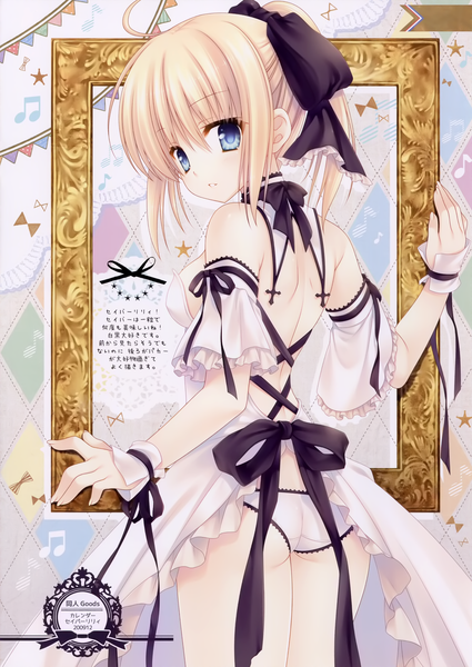 Anime picture 2002x2825 with fate (series) fate/unlimited codes type-moon artoria pendragon (all) saber lily tatekawa mako single tall image highres short hair blue eyes light erotic blonde hair bare shoulders scan girl dress underwear panties bow