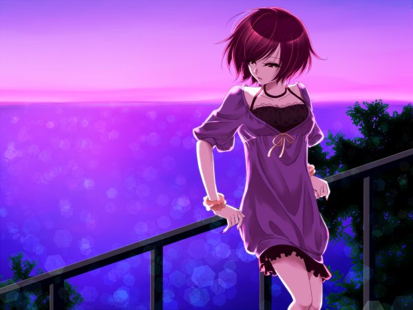Anime picture 1200x900 with vocaloid meiko short hair red eyes red hair evening girl water bracelet