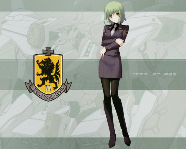 Anime picture 1280x1024 with muv-luv alternative muvluv total eclipse miyata ao blush short hair green eyes green hair light smile inscription wallpaper crossed arms girl uniform thigh boots military uniform