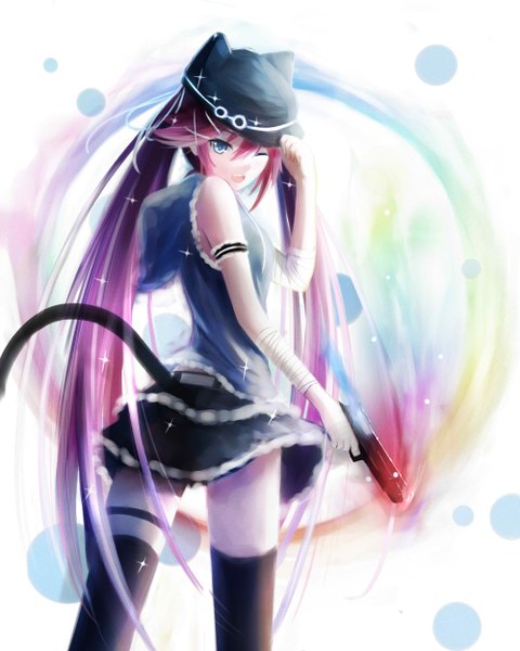 Anime picture 2000x2500 with original shimmer single tall image looking at viewer fringe highres open mouth blue eyes standing twintails holding purple hair tail very long hair animal tail one eye closed wink zettai ryouiki happy