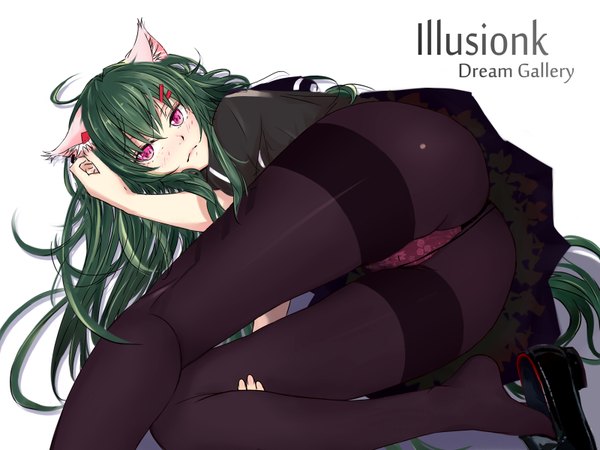 Anime picture 1600x1200 with original illusionk single long hair looking at viewer light erotic simple background white background animal ears ahoge ass pink eyes green hair inscription cameltoe girl underwear panties pantyhose shoes
