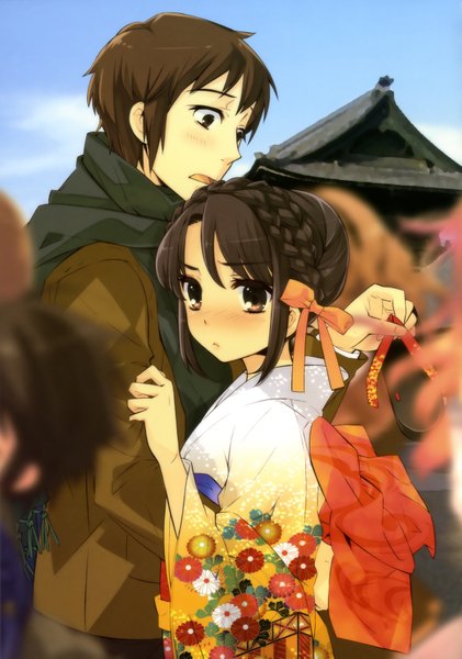 Anime picture 4720x6730 with suzumiya haruhi no yuutsu kyoto animation suzumiya haruhi kyon tall image blush highres short hair brown hair standing holding brown eyes absurdres sky braid (braids) traditional clothes japanese clothes couple alternate hairstyle girl