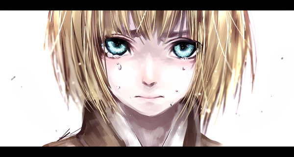 Anime picture 1259x675 with shingeki no kyojin production i.g armin arlert sexaria single looking at viewer short hair blonde hair simple background wide image white background aqua eyes letterboxed face crying sad boy